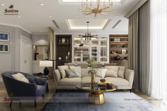 Thiết kế Nội thất căn hộ chung cư Sun Grand City sang trọng và tinh tế phong cách Tân cổ điển, Thiết kế Nội thất phòng Khách Tân cổ điển, sofa, đèn chùm, tủ trang trí