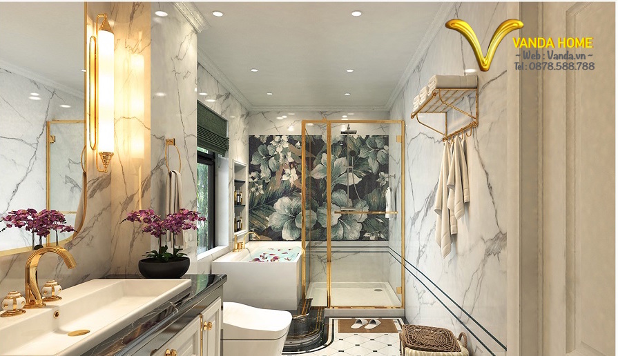 Phòng tắm đẳng cấp kết hợp phong cách hiện đại với các đường nét tân cổ điển 